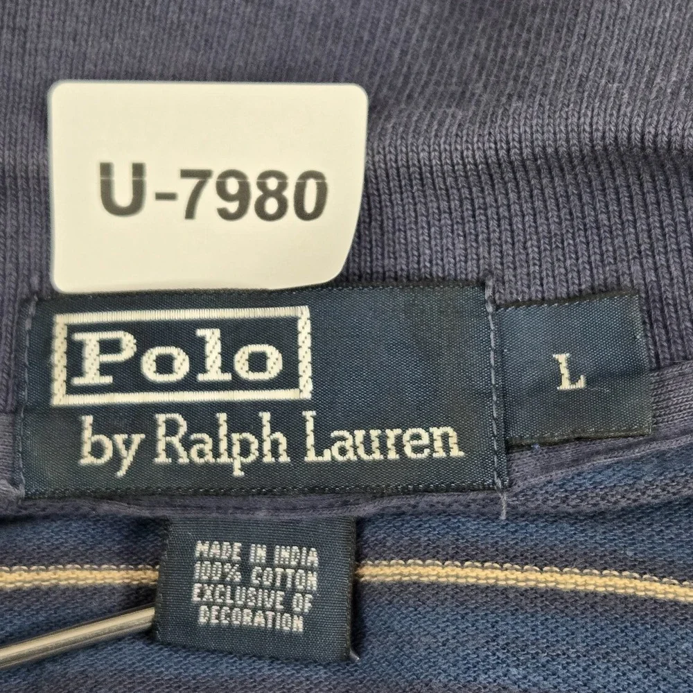VINTAGE Polo By Ralph Lauren Men Polo L Navy Striped Short‎ Sleeve